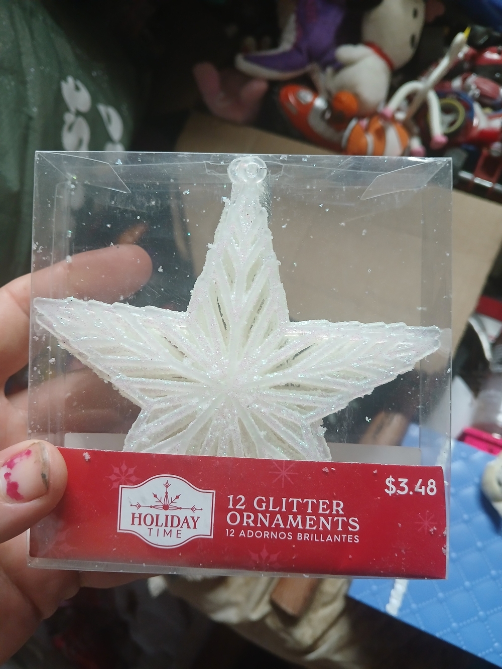 Holiday Time White Glitter Star Christmas Ornament set featuring 12 shatterproof
